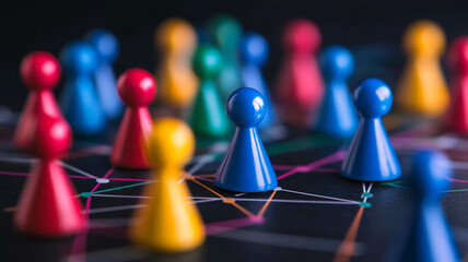 Colorful game pieces positioned strategically on a surface, representing teamwork, strategy, and social interaction in playful environments.