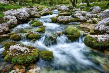 Stream cascading over moss-covered rocks
