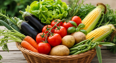 A wicker basket overflowing with a variety of fresh, colorful garden vegetables, including tomatoes, corn, carrots, and potatoes on a wooden surface.