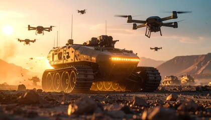 Military Tank and Drones in Desert at Sunset with War Concept.