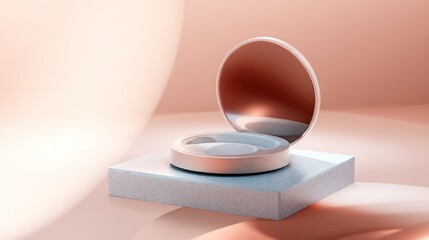 Elegant rose gold compact on modern pedestal for cosmetic presentation