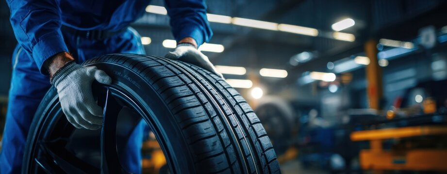 The mechanic handling a tire in a well-equipped automotive workshop.