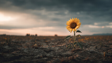 Single sunflower in empty field 