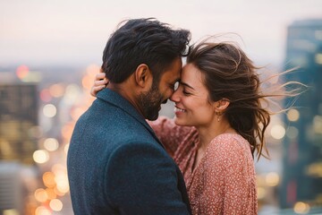 Romantic couple enjoying a sunset embrace on a rooftop in a city skyline setting