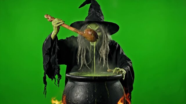 Wicked Witch Stirring Cauldron on Green Screen - A menacing witch cackles as she stirs a bubbling green potion in a cauldron over a fire. This shot is set against a green screen for easy compositing.