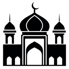 Minimalist Black and White Islamic Mosque Illustration with Crescent Moon and Towers Design