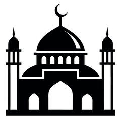 Minimalist Black and White Mosque Icon with Crescent Moon on White Background