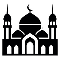Silhouette Illustration of Mosque with Minarets and Crescent Moon Against White Background