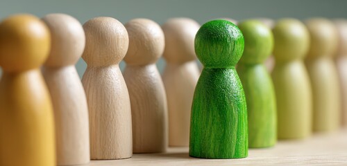A single, green wooden figurine stands out in a line of neutral-toned figurines