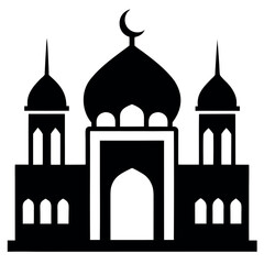 Silhouette of a Mosque with Crescent Moon and Two Minarets Isolated on White