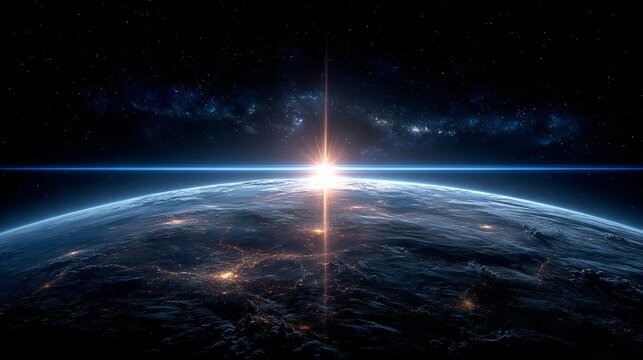 Blue light flare flash light streak ray large light flare behind the planet