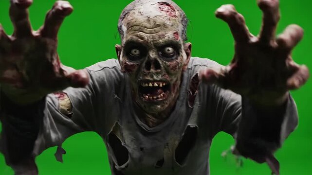 Zombie Shambling Towards Camera on Green Screen - A decaying zombie with tattered clothing slowly approaches the camera, arms outstretched in a menacing pose.