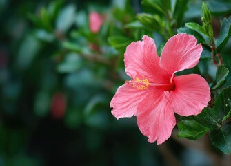 Close-up of a vibrant pink hibiscus flower, with soft focus on the background of lush green foliage