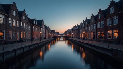 Picturesque evening view of a serene canal lined with traditional Dutch-style red brick houses and softly glowing streetlights, reflecting beautifully in calm water under a twilight sky