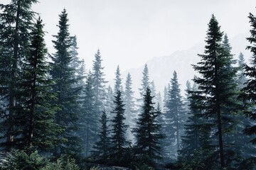 Obraz premium Misty forest scene with tall pine trees