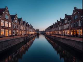 Naklejka premium Picturesque evening view of a serene canal lined with traditional Dutch-style red brick houses and softly glowing streetlights, reflecting beautifully in calm water under a twilight sky