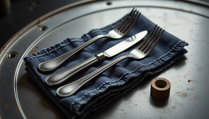 Silverware on folded blue napkin in rustic setting with wood ring  