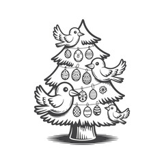 Fototapeta premium Whimsical birds perched on a festive decorated Christmas tree ornaments holiday