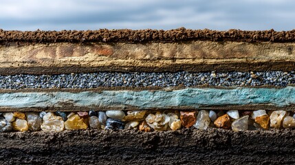 Cross-section of layered earth materials.