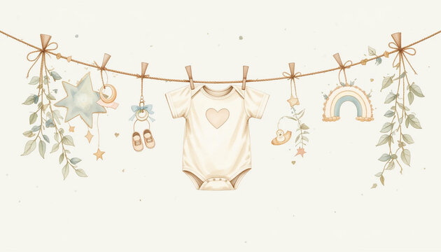 baby clothes hanging, watercolor style, neutral colors clip art preview