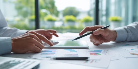 The collaborative discussion over data analysis using a digital tablet in a professional setting.