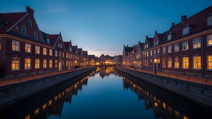 Picturesque evening view of a serene canal lined with traditional Dutch-style red brick houses and softly glowing streetlights, reflecting beautifully in calm water under a twilight sky