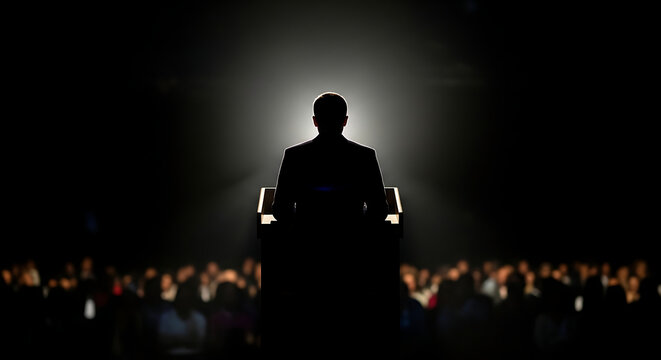 A powerful silhouette of a speaker commanding attention at a podium before a blurred audience, bathed in a dramatic spotlight.