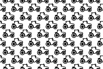 Seamless pattern completely filled with outlines of tractor icons. Elements are evenly spaced. Illustration on transparent background