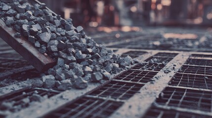 Gray stones are being poured onto a metal grate.