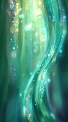 Vertical swirling teal and gold abstract.  Glowing, flowing lines.  Delicate, soft light