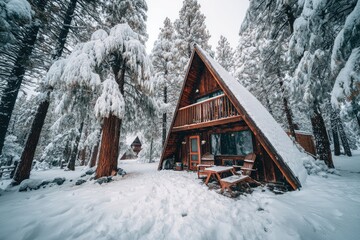 A snow-covered A-frame cabin nestled in a forest