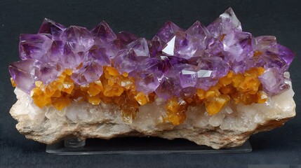 Cluster of amethyst and citrine crystals on a matrix.
