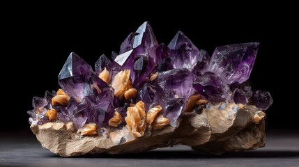 Cluster of amethyst and other minerals on a dark background.