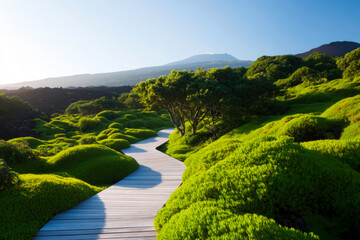 Winding wooden path across mossy volcanic landscape for adventurous nature exploration