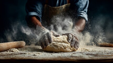 A baker rapidly kneading dough on a floured wooden surface