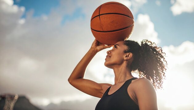 Athlete prepares to shoot basketball under bright blue sky—action, focus, and outdoor energy captured from behind in a moment of athletic anticipation.