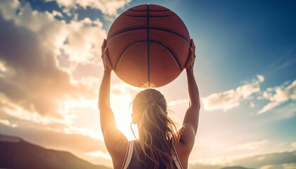 Athlete prepares to shoot basketball under bright blue sky—action, focus, and outdoor energy captured from behind in a moment of athletic anticipation.
