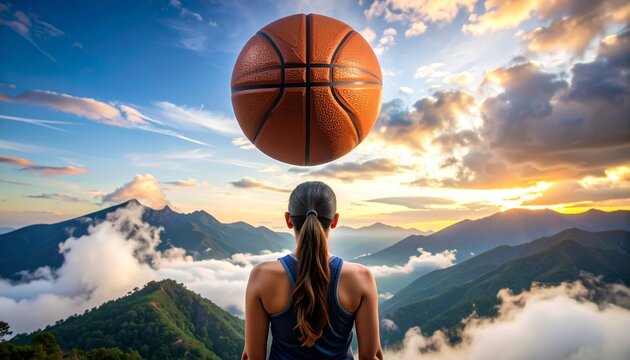Athlete prepares to shoot basketball under bright blue sky—action, focus, and outdoor energy captured from behind in a moment of athletic anticipation.
