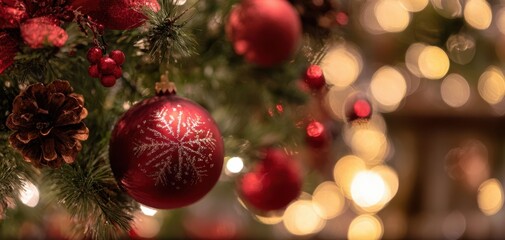 The red ornament hanging on a beautifully decorated Christmas tree with warm bokeh lights.
