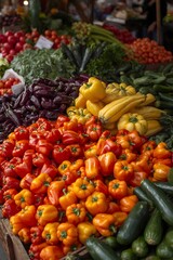 Fresh colorful vegetables on display at a local farmers market, including vibrant bell peppers, zucchini, cucumbers, eggplants, and leafy greens, showcasing healthy organic produce