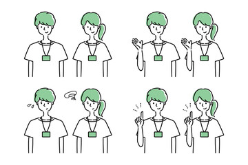 様々な表情やポーズの男女スタッフの爽やかでシンプルな線画ベクターアイコンセット