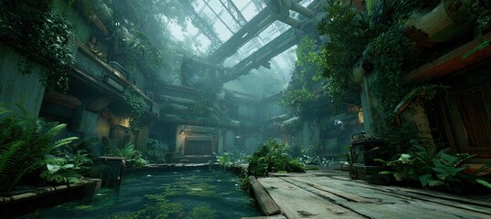 Game environment from: the planet-metal-fantasy-utopian Aztec village with water and plants, a foggy, abandoned space station interior