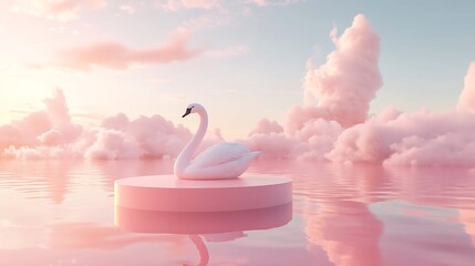 Elegant swan perched on pink platform floats serenely on dreamy water at sunset with tranquil pastel clouds