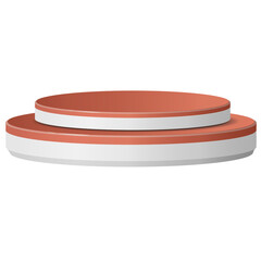 Two-tiered circular podium, terracotta and white, isolated on white background.
