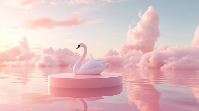 Fototapeta Elegant swan perched on pink platform floats serenely on dreamy water at sunset with tranquil pastel clouds