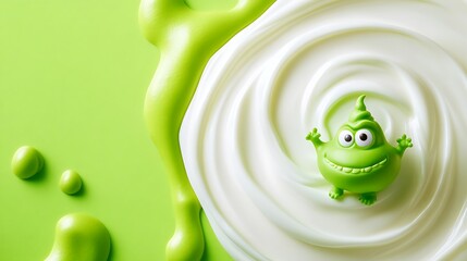 Delightful green monster playfully dances on creamy yogurt swirl a whimsical treat for kids and healthy living