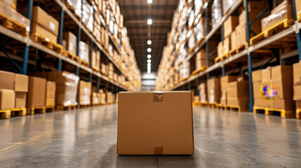 Cardboard Box in Warehouse Aisle Surrounded by Stacked Cardboard Boxes on Shelves in a Large Distribution Center with Industrial Lighting