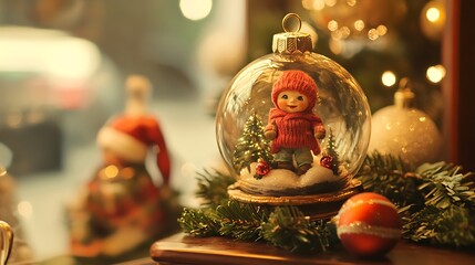 Charming vintage Christmas ornament with sweet doll inside globe and festive winter holiday decorations