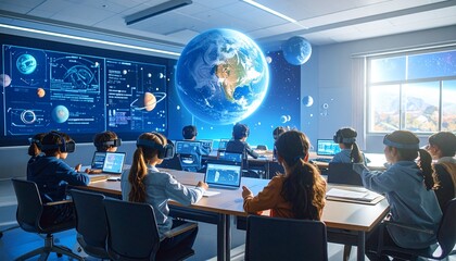 Futuristic classroom with curved Earth display—students in headphones engage with holograms and laptops, learning astronomy in a tech-immersive space.