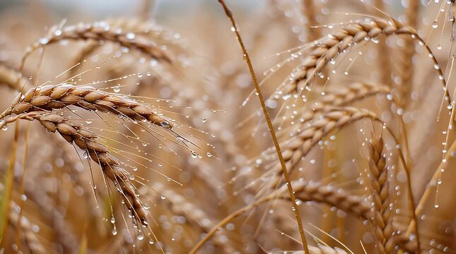 Close-up of wheat stalks covered in dew drops (1)